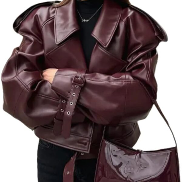 Womens PU Leather Jacket Long Sleeve Retro Collar Motorcycle Jacket Casual Coat