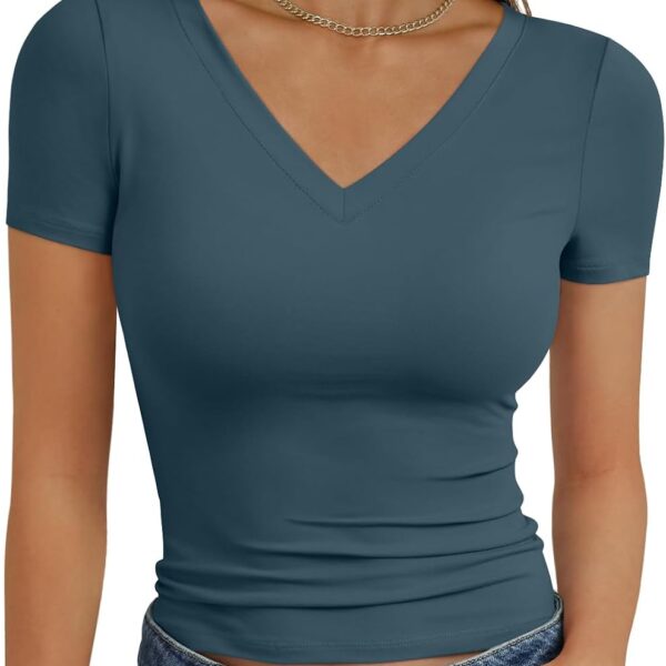 Womens Basic V Neck Short Sleeve T Shirts Slim Fit Crop Y2k Tee 2026 Summer Cute Gym Fashion Clothes