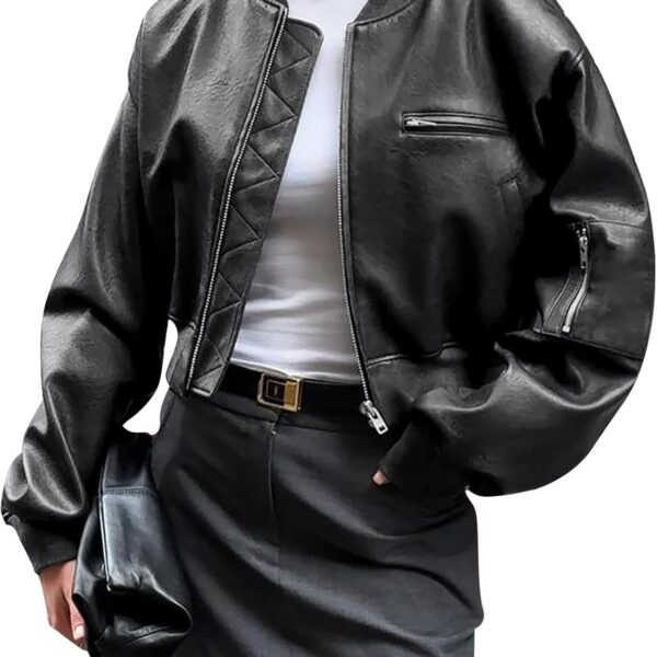Womens Faux Leather Bomber Jackets Baseball Collar Zip Up Cropped Biker Coat with Pockets
