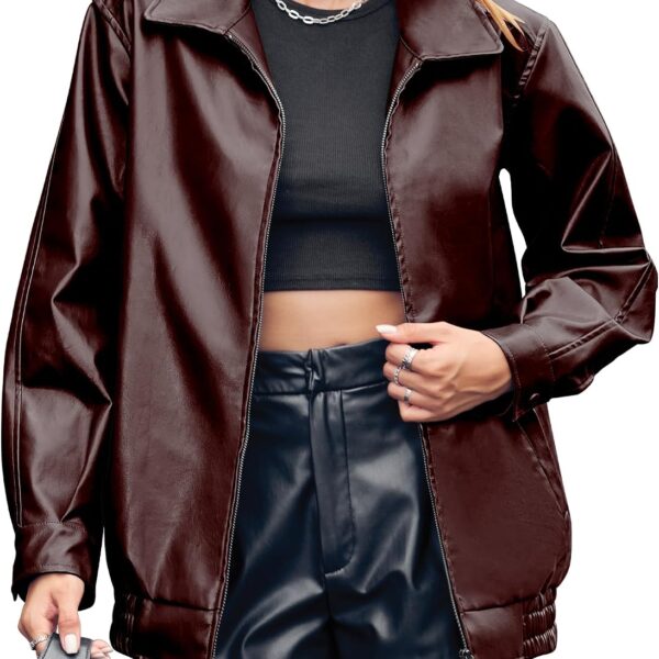 Womens Oversized Leather Jackets Faux Casual Zip Up Trendy Bomber Motorcycle Jacket with Pockets S-XL