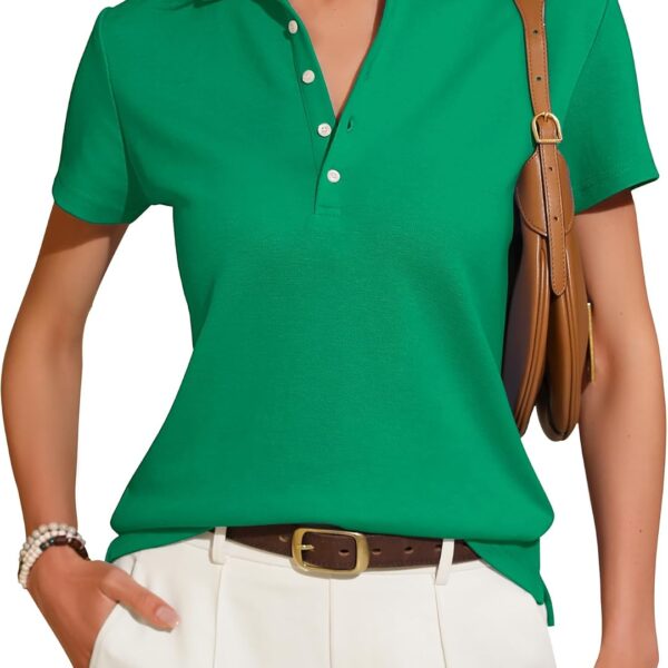 Women's Short Sleeve Polo Shirts 2026 Summer Collared V Neck Button Down Blouse Business Casual Tops
