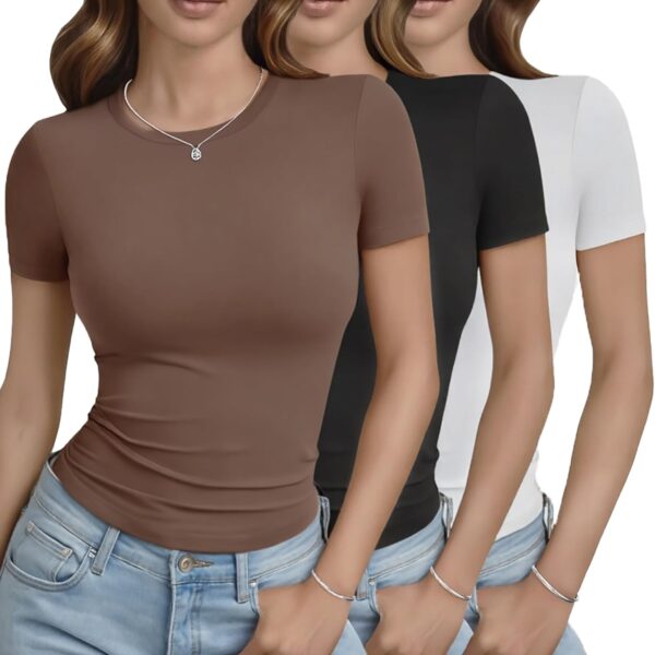 3 Pack Basic Tees for Women - Crew Neck Slim Fit Tight T Shirts Cute Y2K Trendy Crop Tops Clothes for Casual Summer