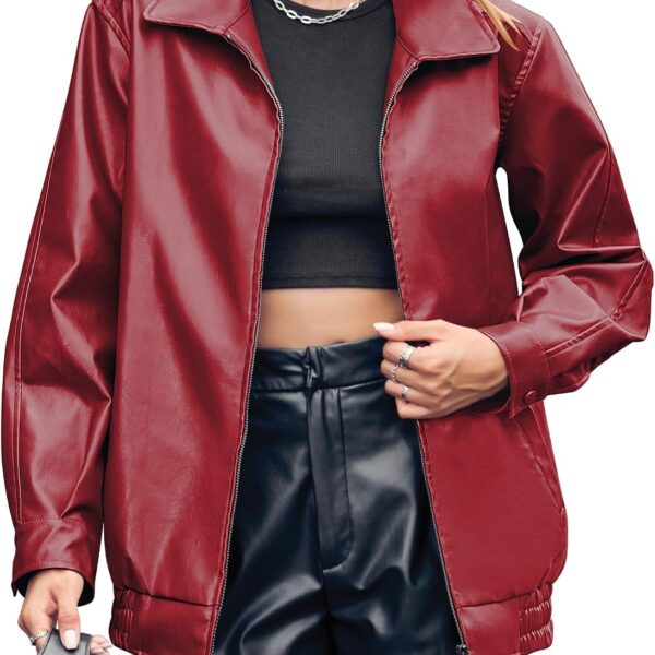 Womens Oversized Leather Jackets Faux Casual Zip Up Trendy Bomber Motorcycle Jacket with Pockets S-XL