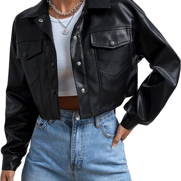 Women's Faux Leather Crop Jacket Button Down Pocket Cropped Motorcycle Jacket