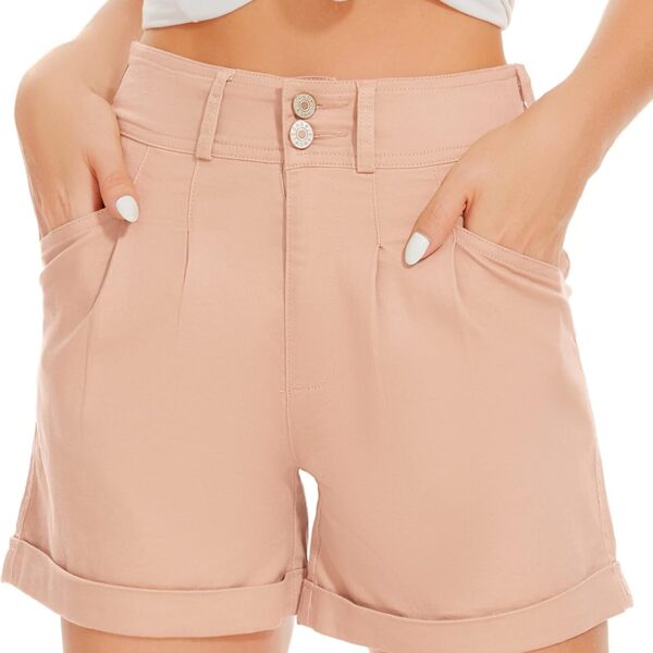 Women Jean Shorts High Waisted Elastic Denim Casual Comfy Folded Hem Shorts with Pockets Summer