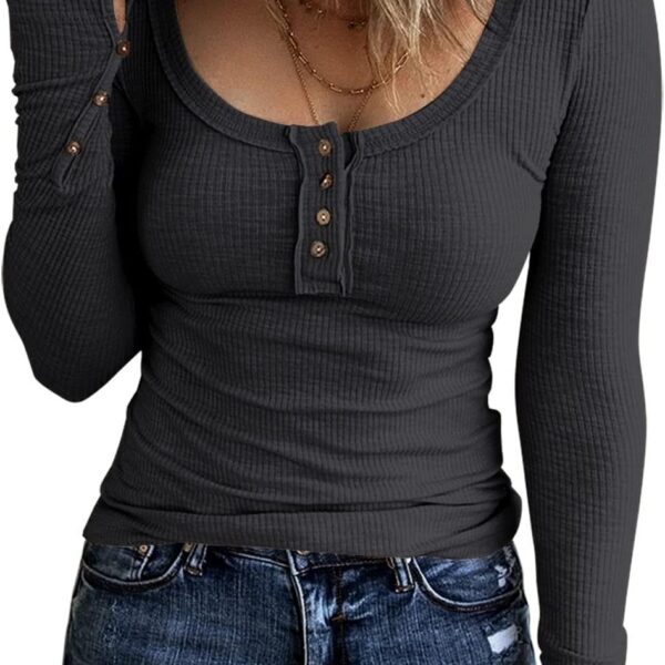 Women’s Long Sleeve Henley T Shirts Button Down Slim Fit Tops Scoop Neck Ribbed Knit Shirts