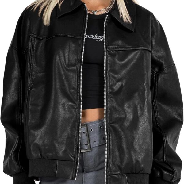 Womens Faux Leather Jackets Oversized Bomber Casual Fall Fashion Zip Up Moto Biker Coats