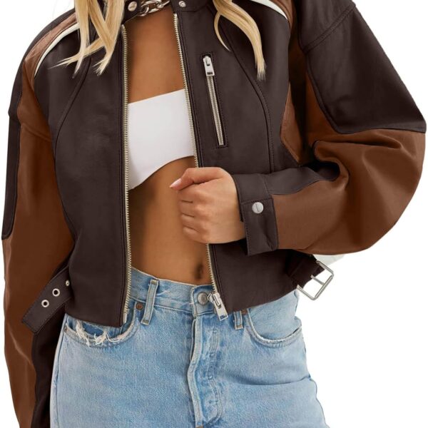 Womens Faux Leather Bomber Jackets Cropped Zip Up Color Block Fall Casual Moto Biker Coats