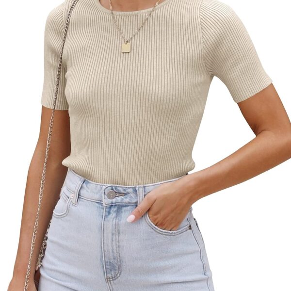 Women's Short Sleeve Sweater Tops 2026 Summer Crewneck T Shirt Ribbed Knit Slim Fit Basic Solid Color Tee