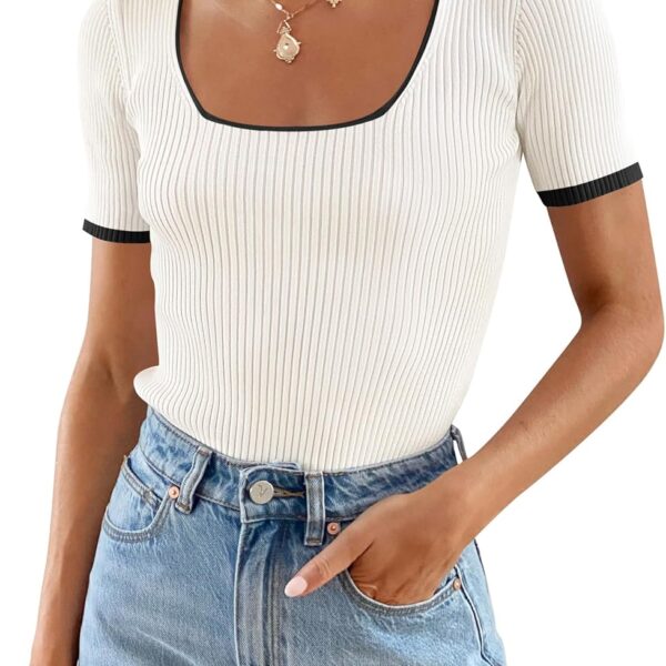 Women's Short Sleeve Square Neck Color Block T Shirt 2026 Summer Slim Fit Ribbed Knit Basic Tee Tops