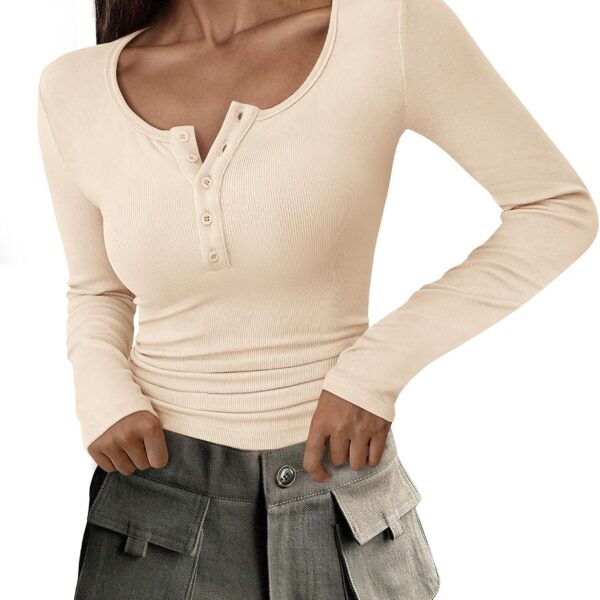 Women's 2026 Fall Long Sleeve Henley T Shirts Button Ribbed Knit Slim Fit Basic Tops Blouse Casual Outfits