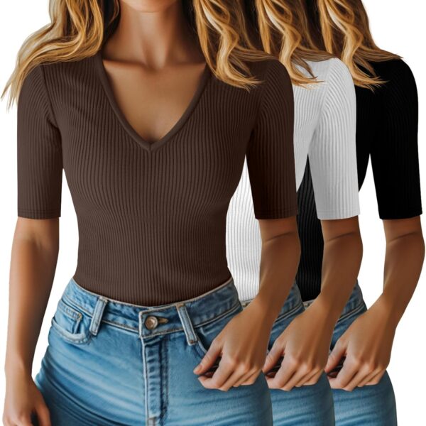 3 Pack Women's Half Sleeve Top Elbow Length Ribbed Cotton T Shirt Women V Neck Summer Tee Slim Fit Casual Blouses