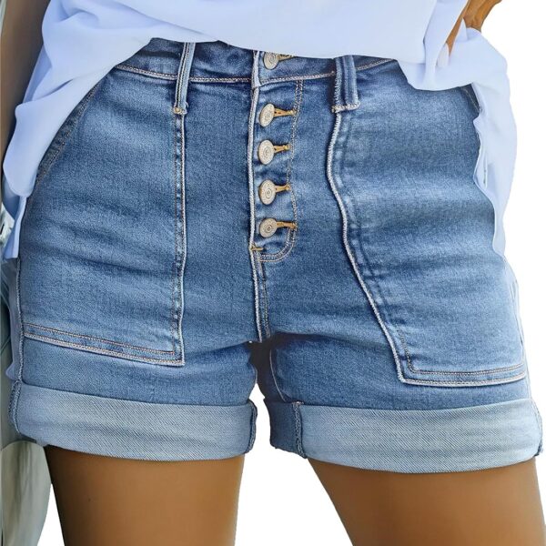 Womens Jean Shorts High Waisted Stretchy Buttoned Folded Hem  Denim Shorts